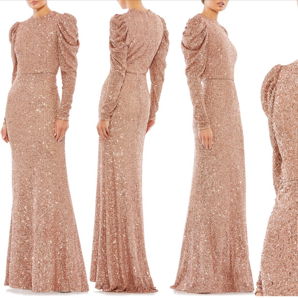 Mac Duggal Sequin Juliet Sleeve Trumpet Gown